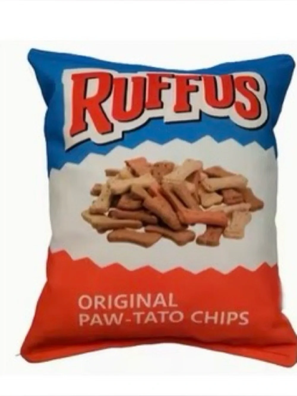 Dog toy with squeaker. “Ruffus paw-tato chips” cute snack bag toy.